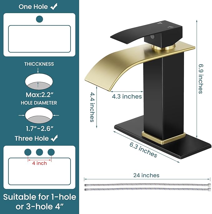 Bathroom Faucets Matte Black and Gold Waterfall Bathroom Sink Faucet Modern Single Handle Bathroom Faucet for 1 or 3 Hole Mxier Tap Washbasin Faucet with Deck, Pop-up Drain and Supply Hoses