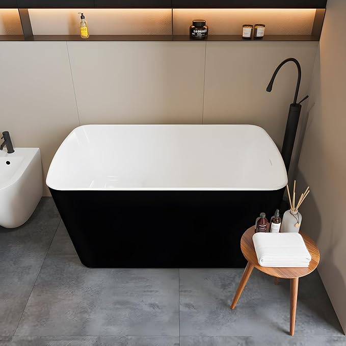 49" Freestanding Bathtub, Acrylic Sit-In Soaking Tub with Chrome Drain & Overflow, Glossy White Modern Design, Compact Space-Saving Bath for Bathrooms