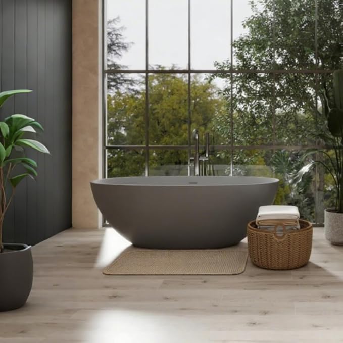 Abruzzo 65" Freestanding Solid Surface Bathtub - Stone Resin Soaking Tub with Overflow & Pop-Up Drain, cUPC Certified Matte Grey, 69 Gallon Capacity Deep Soak Tub for Modern Bathrooms