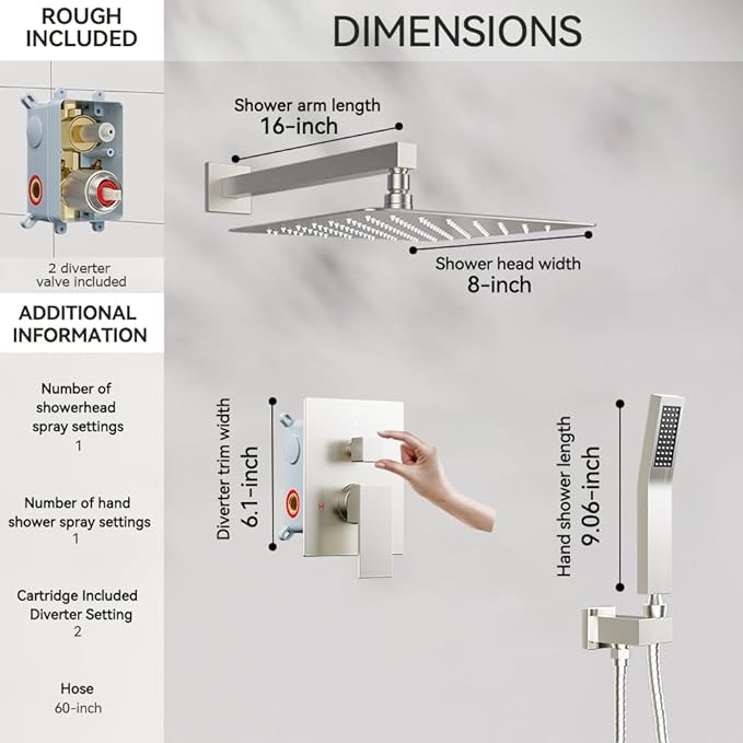 Shower Faucet Set Brushed Nickel Shower System, Starbath 8 inch Rain Shower Head and Handheld Spray Shower Set Complete Wall Mounted,2 Way Pressure Balance Shower Valve and Trim Kit Included
