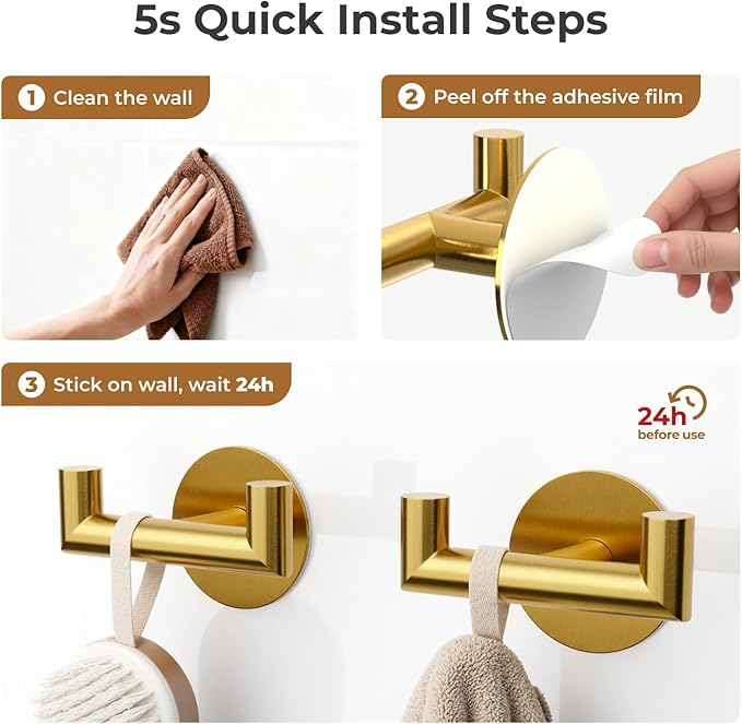 2 Pack Brushed Gold Bathroom Hooks for Towels - Self Adhesive Double Hooks for Wall, No Drilling, Stainless Steel 304, Strong Hold for Robes, Coats, Shower Use