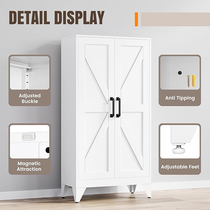 Yizosh Metal Storage Cabinet with 2 Doors and 3 Adjustable Shelves - 47" White Kitchen Pantry Storage Cabinet Locker for Kitchen,Living Room,Dining Room
