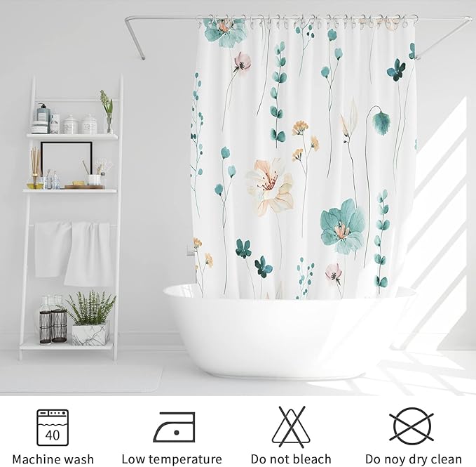 Gibelle Extra Long Shower Curtain 72 x 84, Watercolor Floral Fabric Shower Curtain, Teal Beige Flower Decorative Bathroom Shower Curtain Set