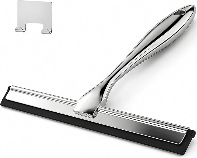 10-Inch All-Purpose Shower Squeegee for Shower Doors, Tile Shower Walls, Bathroom, Window, Glass and Car Windshield, Mirrors and Kitchen-Stainless Steel, Silver