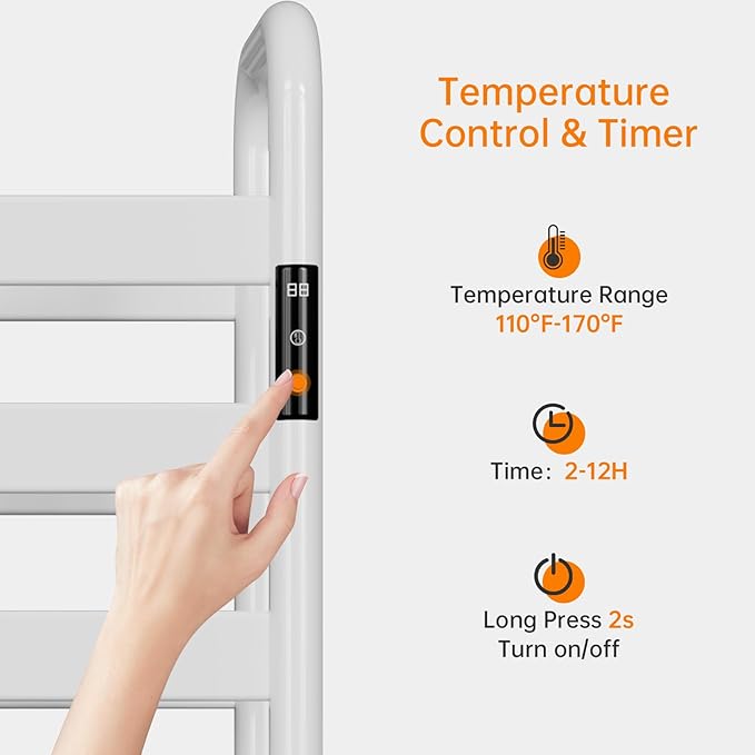 Towel Warmer Rack, Electric Heated Towel Rack for Bathroom, Freestanding Adjustable Temperature 110–170°F with Timer & Overheat Protection, Large Aluminum Towel Heater, 12 Fast Heating Bars