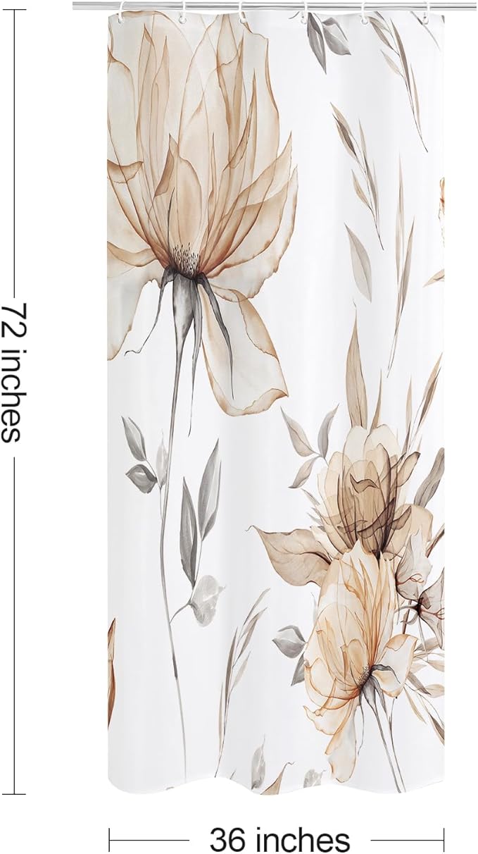 Small Stall Boho Watercolor Floral Shower Curtain 36 x 72, Brown and Grey Ink Painting Style Flower Shower Curtains for Chic Elegant Bathroom, Tan Artistic Narrow Half Size Shower Curtain