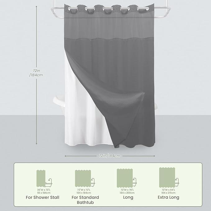 Inhousolu No Hook Shower Curtain with Snap in Fabric Liner Set Waffle Weave 230GSM Weighted Hem, Waterproof & Washable Bathroom Curtain Spa Luxury with Mesh Top Window 72" W x 72" L Grey