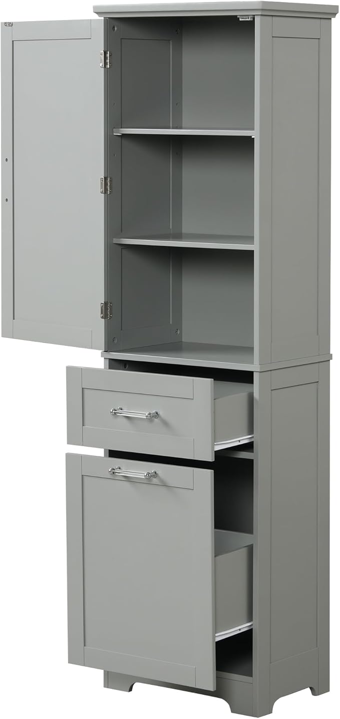Favfurish 68" Tall Bathroom Storage Cabinet with Door and 2 Drawer,Modern Linen Cabinets w/Adjustable Shelf & Magnetic Door Stopper,Freestanding Organizer for Bath Room,Study,Office,Kitchen Grey