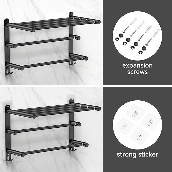 Black Adjustable Towel Bar for Bathroom Wall Mount17-30.7inch Adhesive Shower Towel Rack Stainless Steel Bath Towel Holders for Toilet Kitchen Double Towel Hanger (Black 3-Layer Towel Rack)