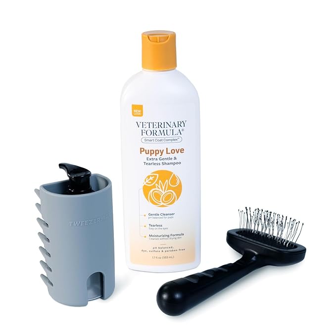 Puppy Love Gentle Bath & Grooming Set by Tweezerman & Veterinary Formula – Tearless Puppy Shampoo with 2-in-1 Bath Brush & Small Slicker Brush – Complete Bath Kit for Small Dogs & Puppies