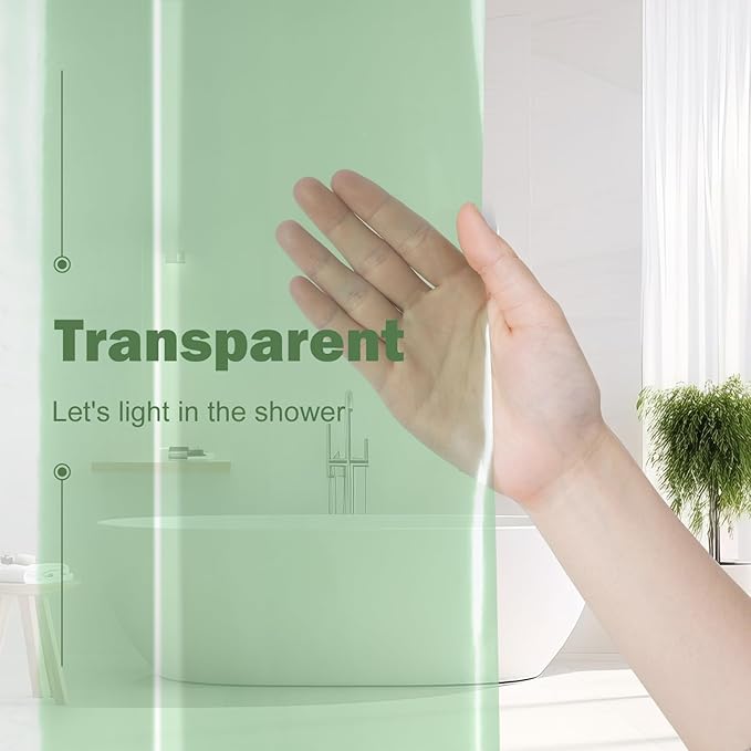 UFRIDAY Sage Green Clear Shower Curtain Liner, 72 x 78 inches, Long Plastic Bathroom Shower Curtain with Rustproof Metal Grommets and 5 Weighted Magnets