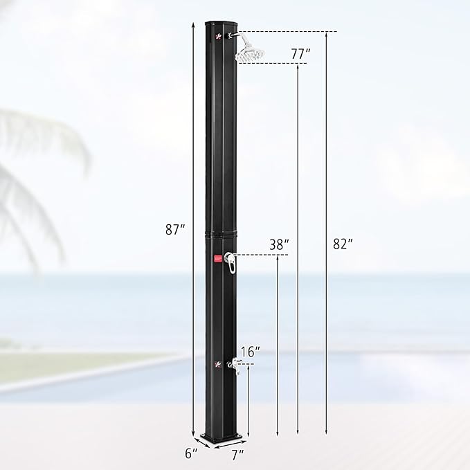Goplus 9.3 Gallon Solar Heated Outdoor Shower, 7.2 FT Freestanding Garden Shower with 360° Swivel Shower Head, Foot Shower & Temperature Adjustment, for Poolside Backyard Beach (Black)