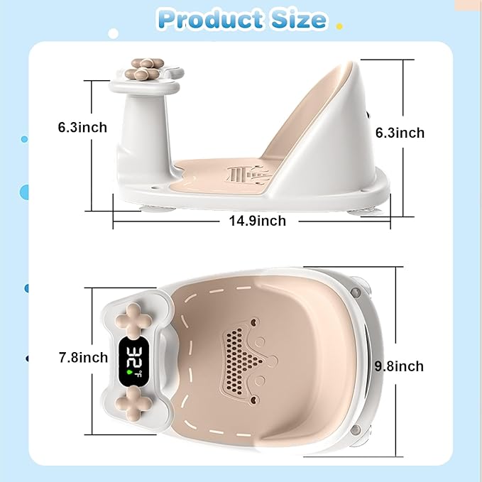Baby Bath Seat for Babies 6 Months & Up - Bathtub Seats for Babies Sitting Up, Non-Slip,Smart Real-Time Temperature& 4 Suction Cups(Khaki)