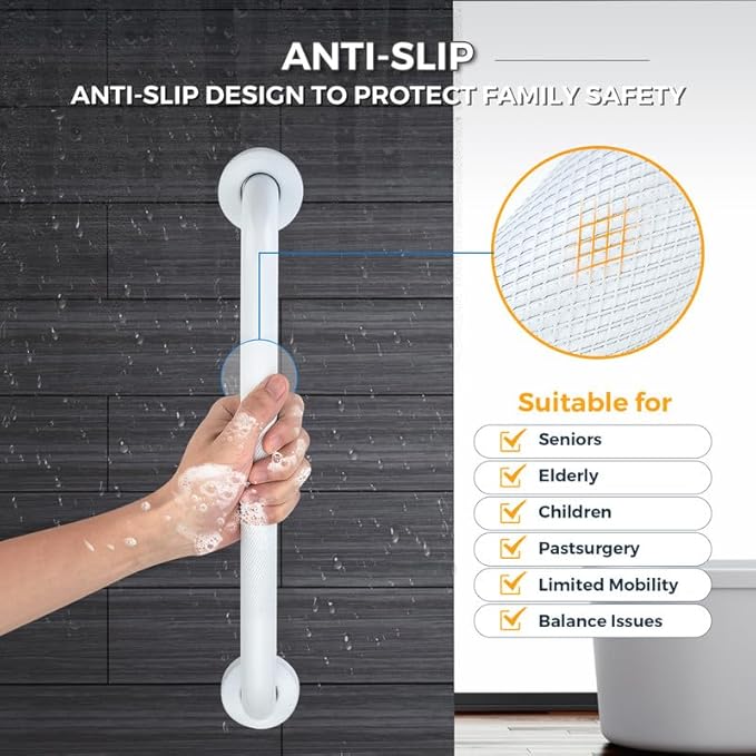 Grab Bars for Shower, 1 Pack 24-Inch Anti Slip Shower Handles for Elderly, Safety Shower Grab Bar, Stainless Steel Handicap Grab Bars for Bathroom (White 1" Diameter)