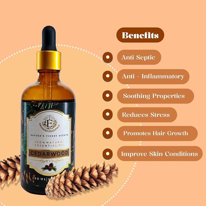Luxurious Cedarwood Essential Oil by Enhanced Essentials|Pure & Natural|for Home,Diffusers,Skin,Aromatherapy, Bath,Massage,Perfume,Gifting,Soap & Candle Making|with Glass Dropper| 3.38 fl oz (100 ml)