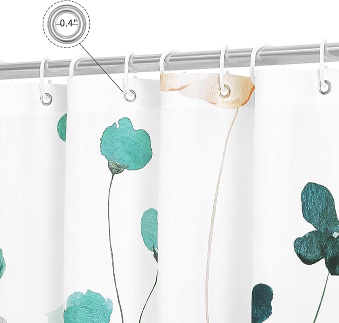 Gibelle Watercolor Floral Shower Curtain, Teal Beige Flower Shower Curtain for Bathroom, Modern Minimalist White Waterproof Fabric Shower Curtain Set 72x72 Inch