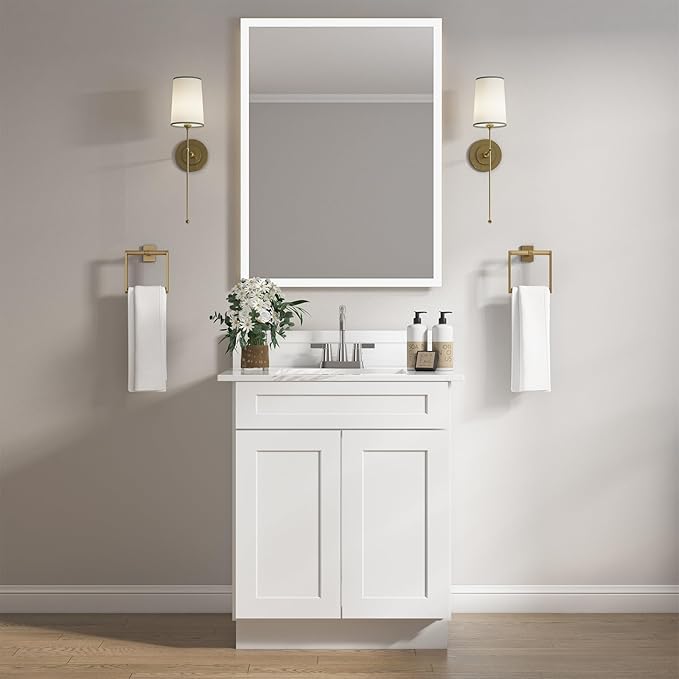 ROOMTEC Bathroom Cabinet, 27'' Free Standing Single Bathroom Vanity with 1 False Drawer and 2 Doors,Morden Bathroom Sink Vanity Storage Cabinet, Shaker White