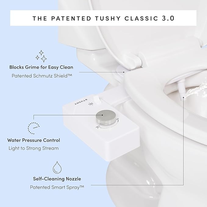 TUSHY Classic 3.0 Bidet Toilet Seat Attachment - A Non-Electric Self Cleaning Water Sprayer with Adjustable Water Pressure Nozzle, Angle Control & Easy Home Installation (White/Gold)