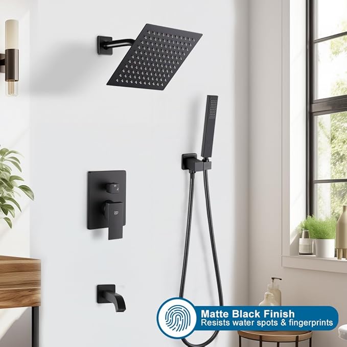 POP SANITARYWARE Matte Black Shower Faucet Set with Tub Spout Bathroom Rainfall 8 Inch Shower Head System with Handheld Single Handle Shower Trim Kit with Valve