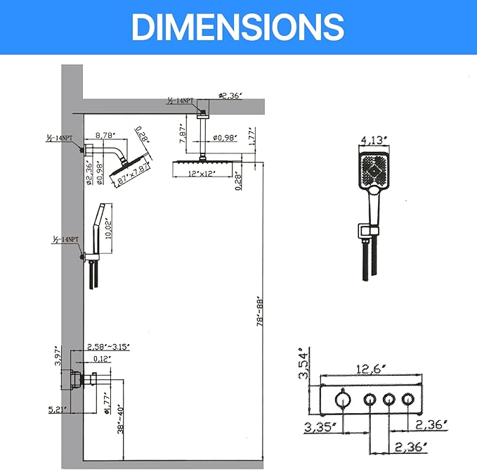 Shower System Brass Thermostatic Shower Faucet Set With Valve and Diverter Shower Mixer With Rain Head and Handheld High Pressure Square Rainfall
