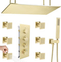 Brushed Gold Rain Shower System Thermostatic Bathroom Faucet Set 16X32 Inch Ceiling Mount Shower Head Set Complete With Thermostatic Control Valve Use All In One