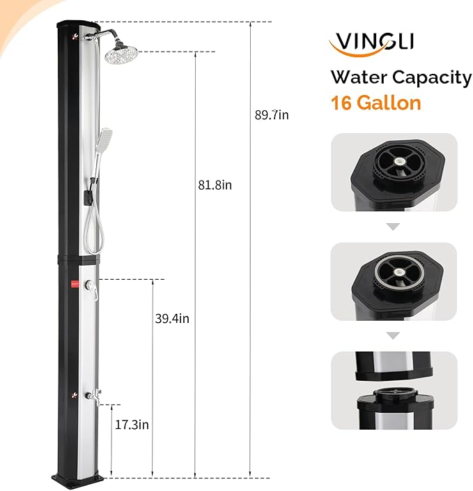 VINGLI Solar Heated Shower,2-Section with Shower Head and Foot Shower Tap，for Outdoor Backyard Poolside Beach Pool Spa,Black (16 Gallon- Sliver&Black Surface)