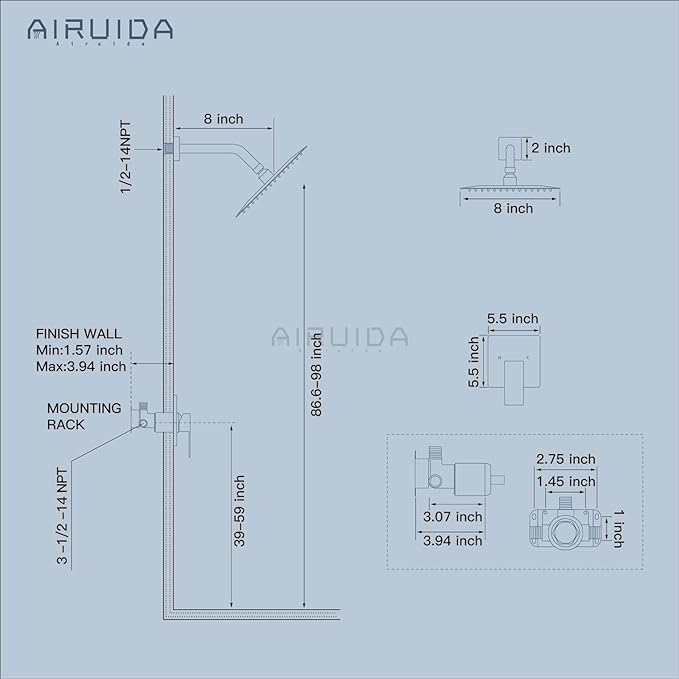 Airuida Shower Faucet Set Bathroom Rain Shower System SUS304 Stainless Steel Single Handle With Male Threads Rough-in Valve Shower Trim Kit 8 Inch Wall Mount Shower Head Brushed Nickel
