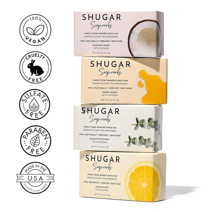 Shugar Soapworks Oatmeal & Honey 5 oz Beauty Bar Soap 8-Pack | Plant-Based Vegan Formula | Sulfate & Paraben Free | Gentle Exfoliating Cleanser with Finely Ground Oatmeal Flakes