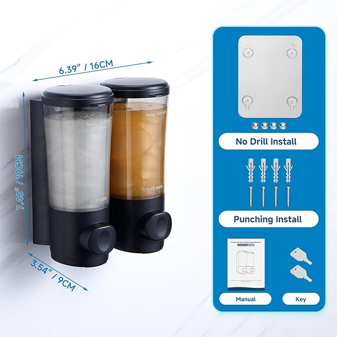 Shampoo and Conditioner Dispenser No Drill Shower Soap Dispenser Wall Mounted Shower Dispenser 2 Chamber with Upgrade Smooth Pump Head Bathroom Body Wash Soap Dispenser Set 450ml*2 Black