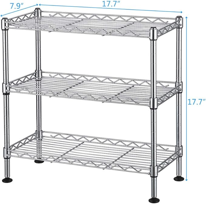 3 Tier Storage Racks Shelving, Heavy Steel Pantry Shelves, Adjustable Wire Shelving Rack, Suitable for Garage, Kitchen, Bathroom, Office, 18" W x 8" D x 18" H, Chrome