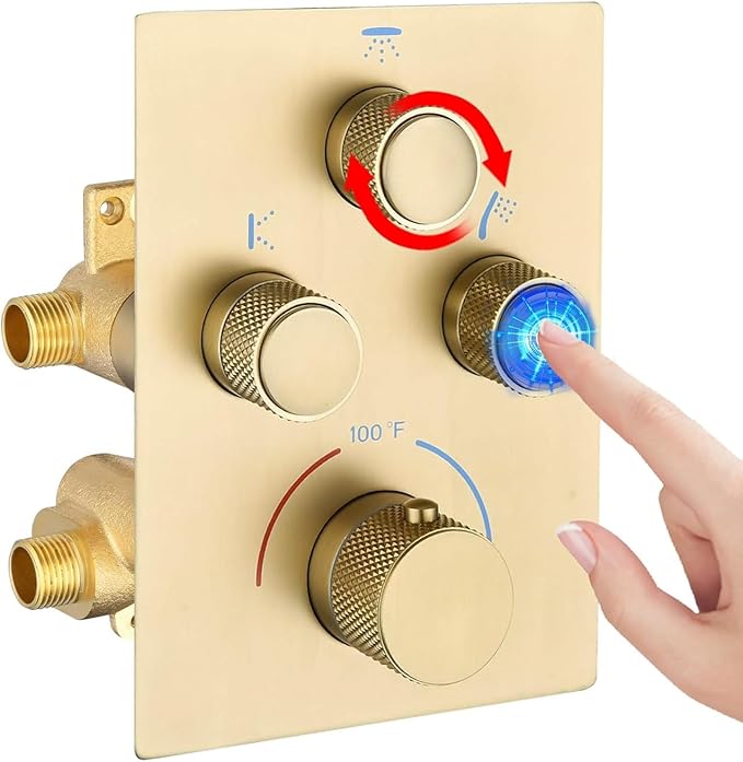 Modern Push Button 3 Way Thermostatic Shower Valve, Concealed 3 Outlet Multi Function Brass Mixer Shower Diverter Valve Kit Can Control Flow and On-Off Simultaneously, Brushed Gold