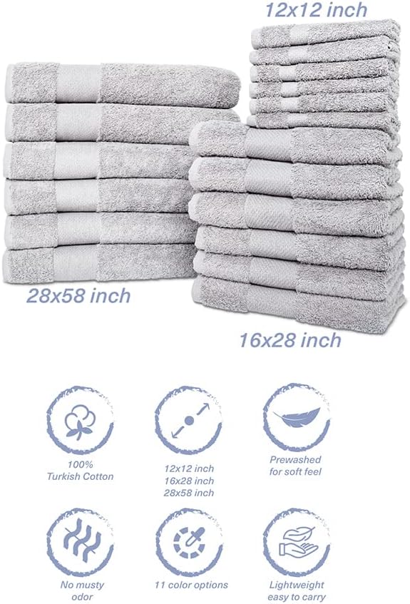 Hencely 18-Piece Bath Towel Set - High Absorbency, Quick Drying - 100% Soft Turkish Cotton - 6 Bath Towels, 6 Hand Towels, 6 Washcloths - Bathroom, Home, Hotel, Spa, and Gym - 18-Pack Silver