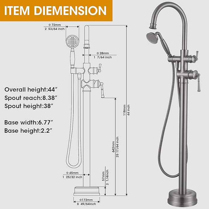 Freestanding Bathtub Faucet, Floor Mount Tub Faucet Brushed Nickel High Flow Tub Filler, Roman Tub Faucet with Antique Handheld, Swivel Gooseneck Spout Shower Mixer Taps (B2311-BN)