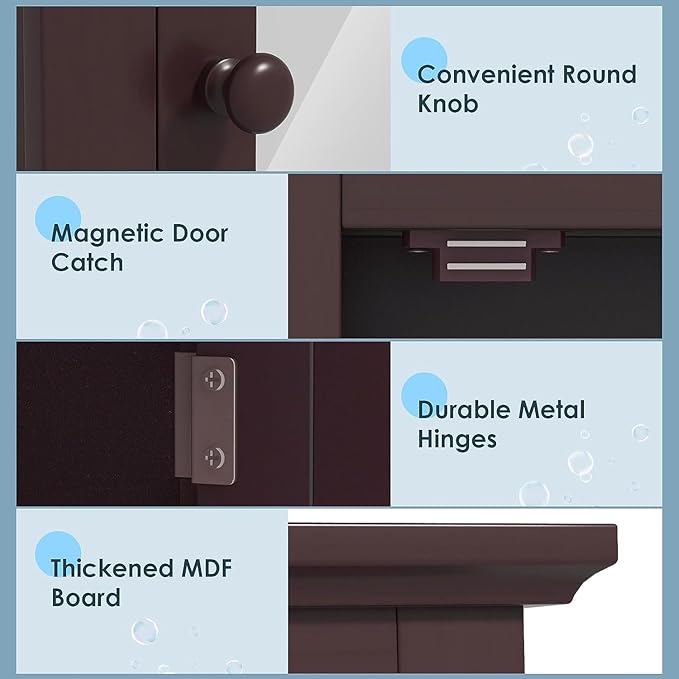 Safeplus Brown Medicine Cabinet with Mirror, Wall Mounted Adjustable Storage for Bathroom, Living Room, Bedroom, Entryway and Kitchen