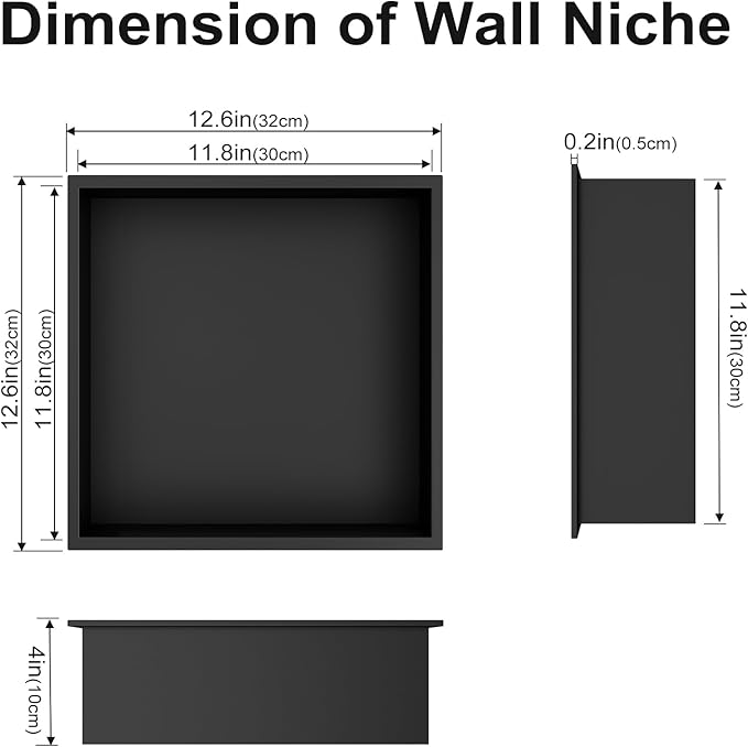 Achelous Stainless Steel Insert Shower Niche 12" X 12", No Tile Needed, Recessed Shower Shelf Organizer, Matte Black
