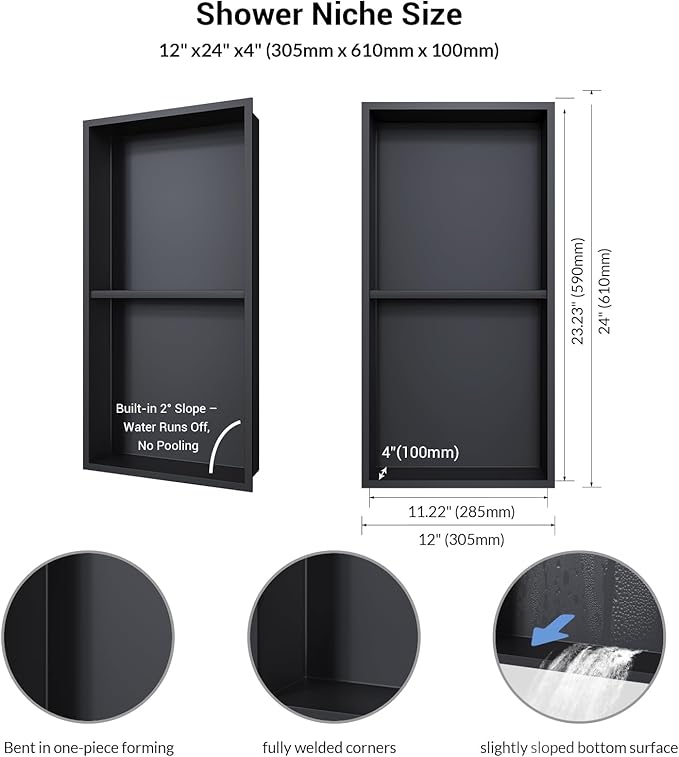 Shower Niche 12x24, Matte Black, No Tile Needed 304 Stainless Steel Recessed Wall Niche Insert with Double Shelves, Built-in Sloped Base Drainage, in-Wall Shower Storage for Bathroom Remodel