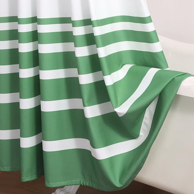 Green and White Striped Shower Curtain 72x72 Inches, Waterproof Fabric with Modern Gradient Lines, 12 Rustproof Grommets & Weighted Hem