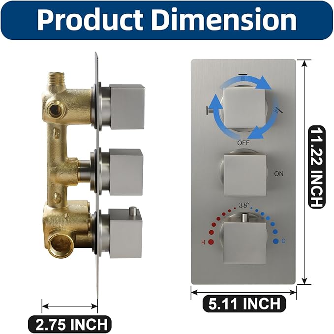 HOMEDEC Brushed Nickel 3 Way Shower Valve Thermostatic Anti-scald with 3 Square Knobs, Water Diverter Temperature Control Brass Rough-in Valve