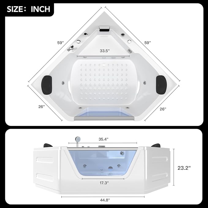 59'' x 59'' Corner Whirlpool Tub- Plastic Acrylic Bathtub with Light,Home Spa Hydromassage with Chromatherapy,Hydro Massage for 2 Person White, ETL Certified