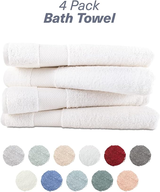 Hencely Premium Bath Towel Set of 4-28x58 Inches - High Absorbency, Quick Drying - 100% Soft Turkish Cotton Towels - Ideal for Home, Bathroom, Hotel, Spa, and Gym - White
