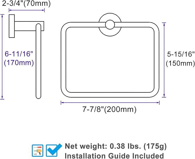 Angle Simple Matte Black Towel Ring Swivel, SUS 304 Stainless Steel Bathroom Hand Towel Holder for Wall Mount