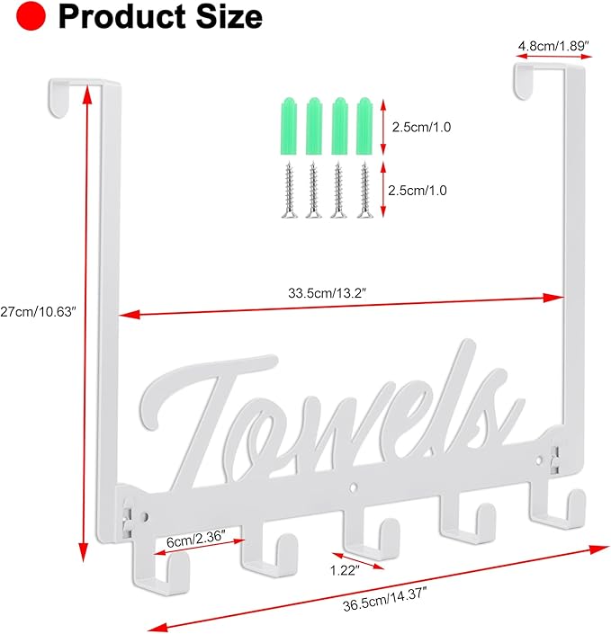 Over The Door Hooks, Towel Rack for Bathroom & Bedroom, Heavy Duty Over Door Towel Hanger with 5 Coat Hooks, White