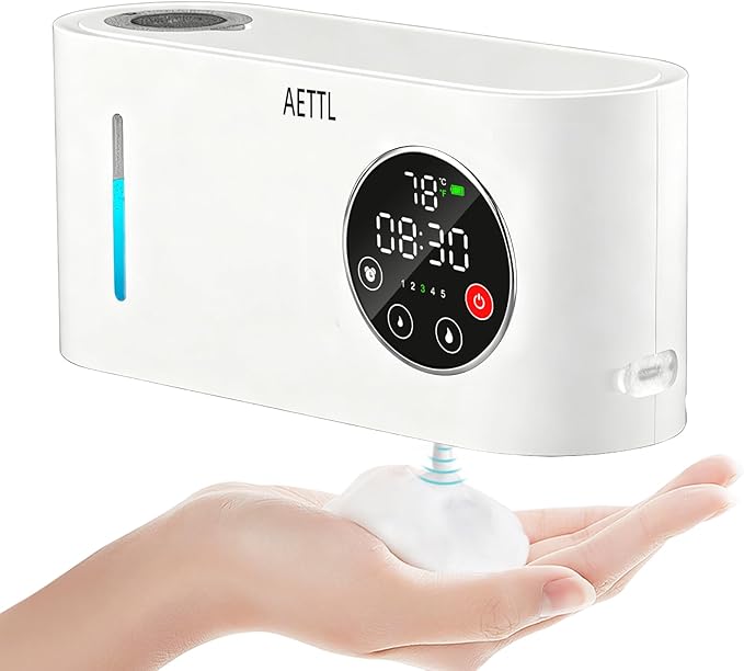 Touchless Automatic Foaming Hand Soap Dispenser Wall Mount,Kitchen Bathroom,Modern Smart Home,USB Type-C Rechargeable,Long Battery Life,Time and Temperature Display,5-Level Adjustable,16.9 oz
