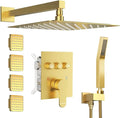 Brushed Gold Shower System with Body Jets，Bostingner 12" Rain Shower and Handheld, Can Use All Spray at A Time,Wall Mount Push Button Shower Faucet Set with Valve and Trim Kit Included