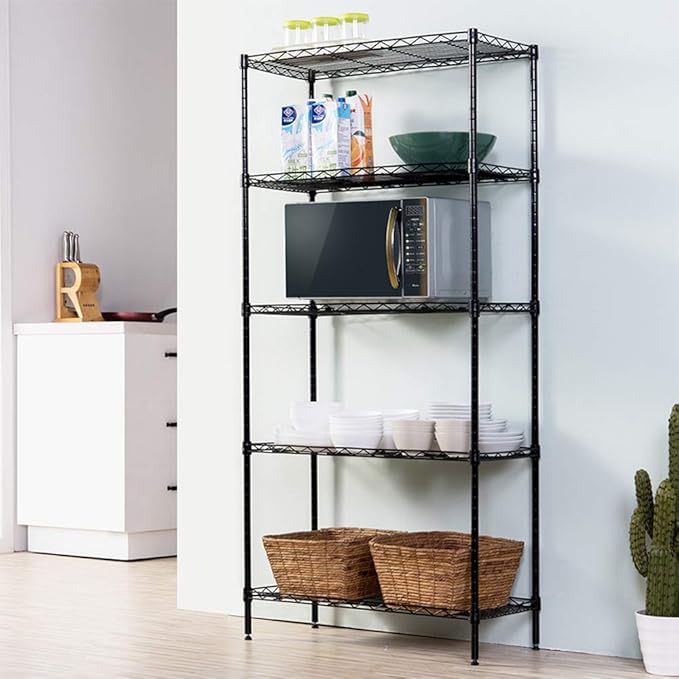 5 Tier Storage Racks Shelving, Heavy Steel Pantry Shelves, Adjustable Wire Shelving Rack, Suitable for Garage, Kitchen, Bathroom, Office, 24" W x 13" D x 59" H, Black