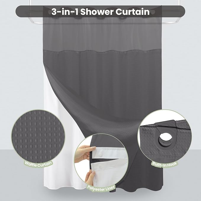Inhousolu No Hook Shower Curtain with Snap in Fabric Liner Set Waffle Weave 230GSM Weighted Hem, Waterproof & Washable Bathroom Curtain Spa Luxury with Mesh Top Window 72" W x 72" L Graphite Grey