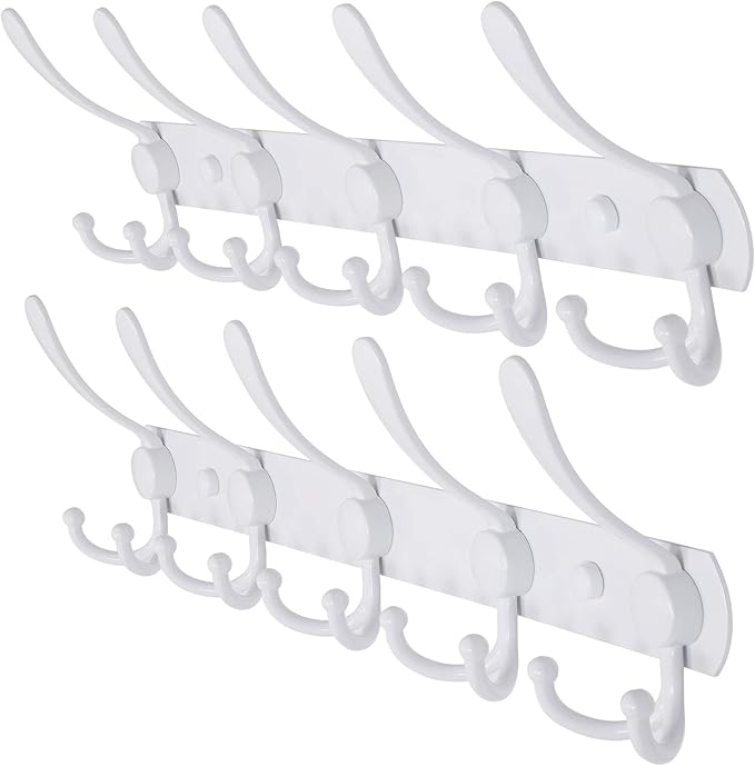 Dseap Wall Mounted Coat Rack - 5 Tri Hooks, Heavy Duty, Stainless Steel, Metal Coat Hook Rail for Coat Hat Towel Purse Robes Mudroom Bathroom Entryway (White, 2 Packs)