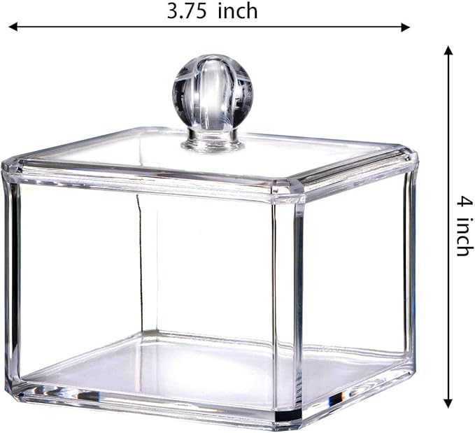 SheeChung Modern Square Qtip Holder Acrylic Bathroom Vanity Countertop Storage Organizer Canister Jar for Cotton Swabs, Rounds, Balls, Makeup Sponges, Bath Salts - 1 Pack - Clear