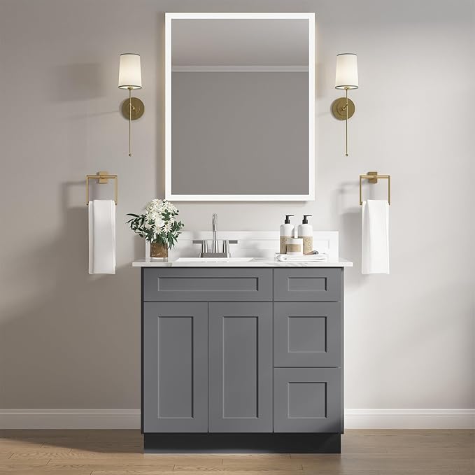 ROOMTEC Bathroom Cabinet, 36'' Free Standing Bathroom Vanity with 3 Right Drawers and 1 Door,Soft-Close Drawer Slides Morden Bathroom Sink Vanity Storage Cabinet, Shaker Gray