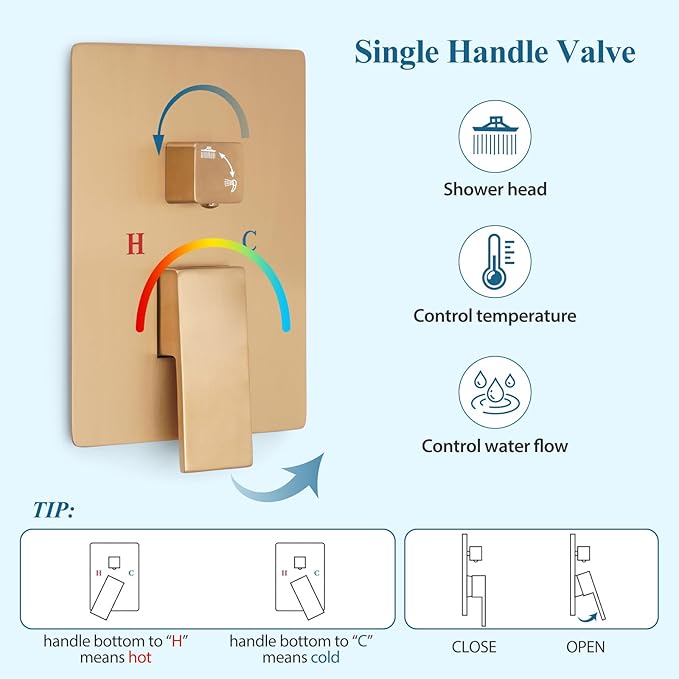 Brushed Gold Square Shower Head with Handheld Set, Rainfall Shower System Modern Wall Mounted Shower Faucet for Bathroom 10 inch (With Shower Valve)